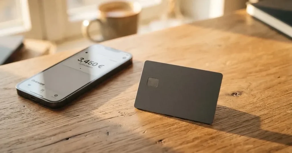 A payment card next to a phone with a crypto wallet app open