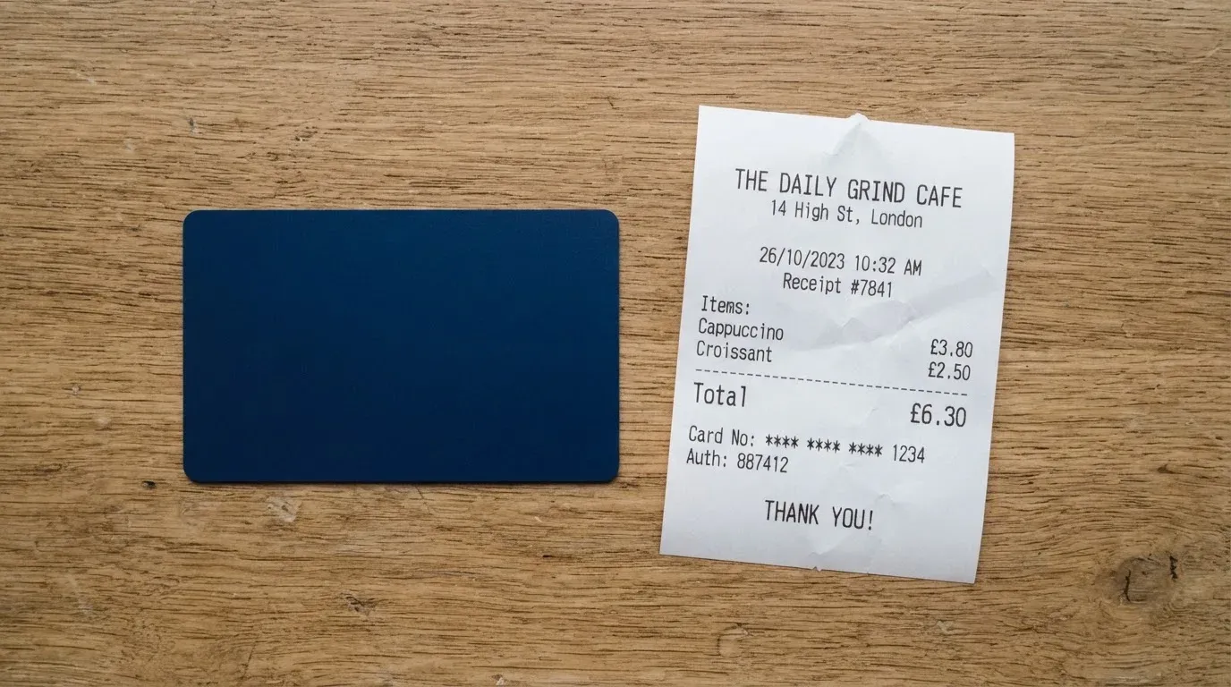 A receipt and a card on a café table