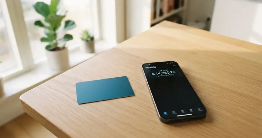 A payment card next to a phone with a crypto wallet app open