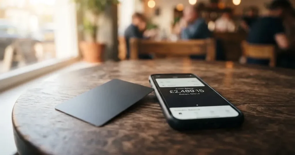 A payment card next to a phone with a crypto wallet app open
