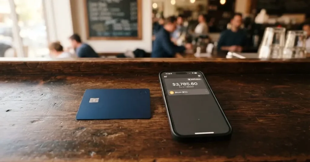A payment card next to a phone with a crypto wallet app open