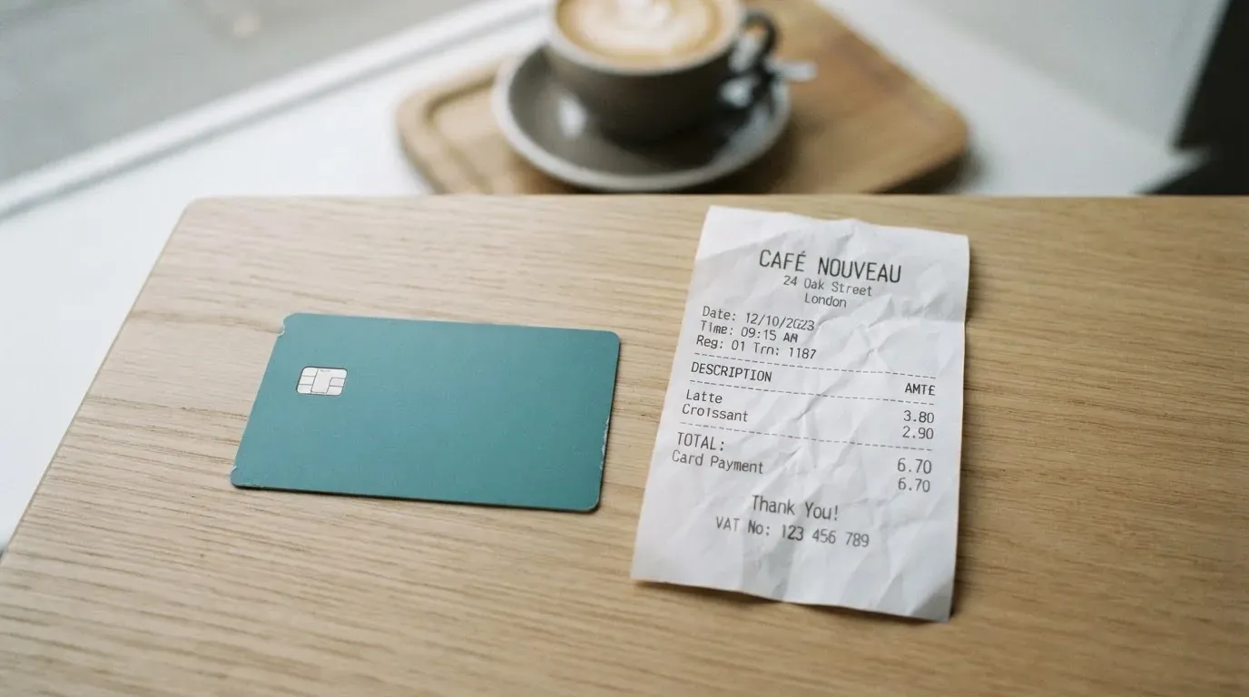 A receipt and a card on a café table