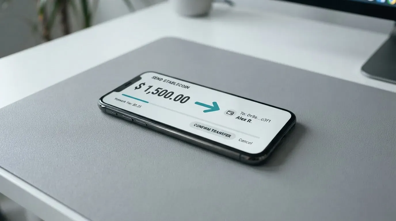 A phone showing a stablecoin transfer screen