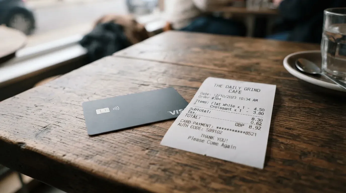 A receipt and a card on a café table