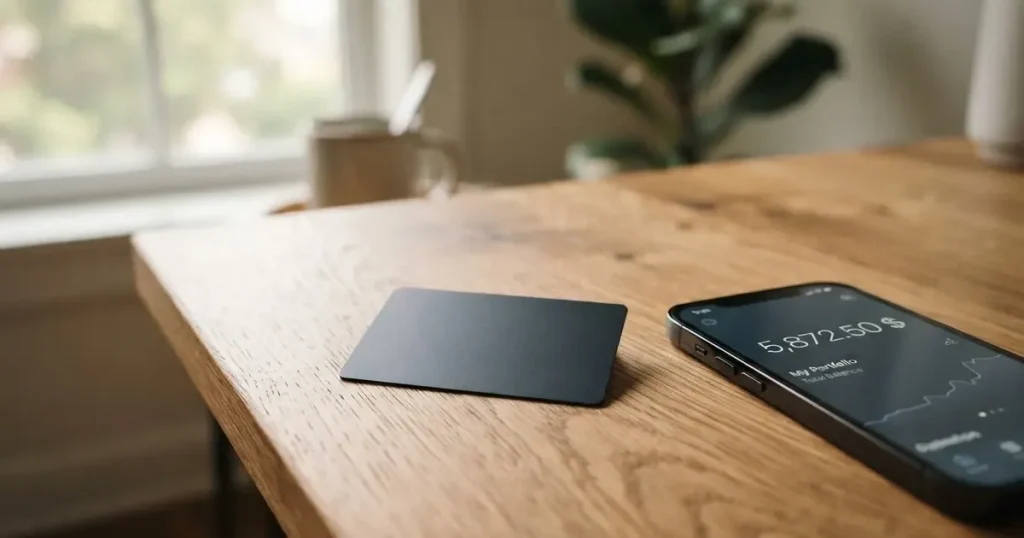 A payment card next to a phone with a crypto wallet app open