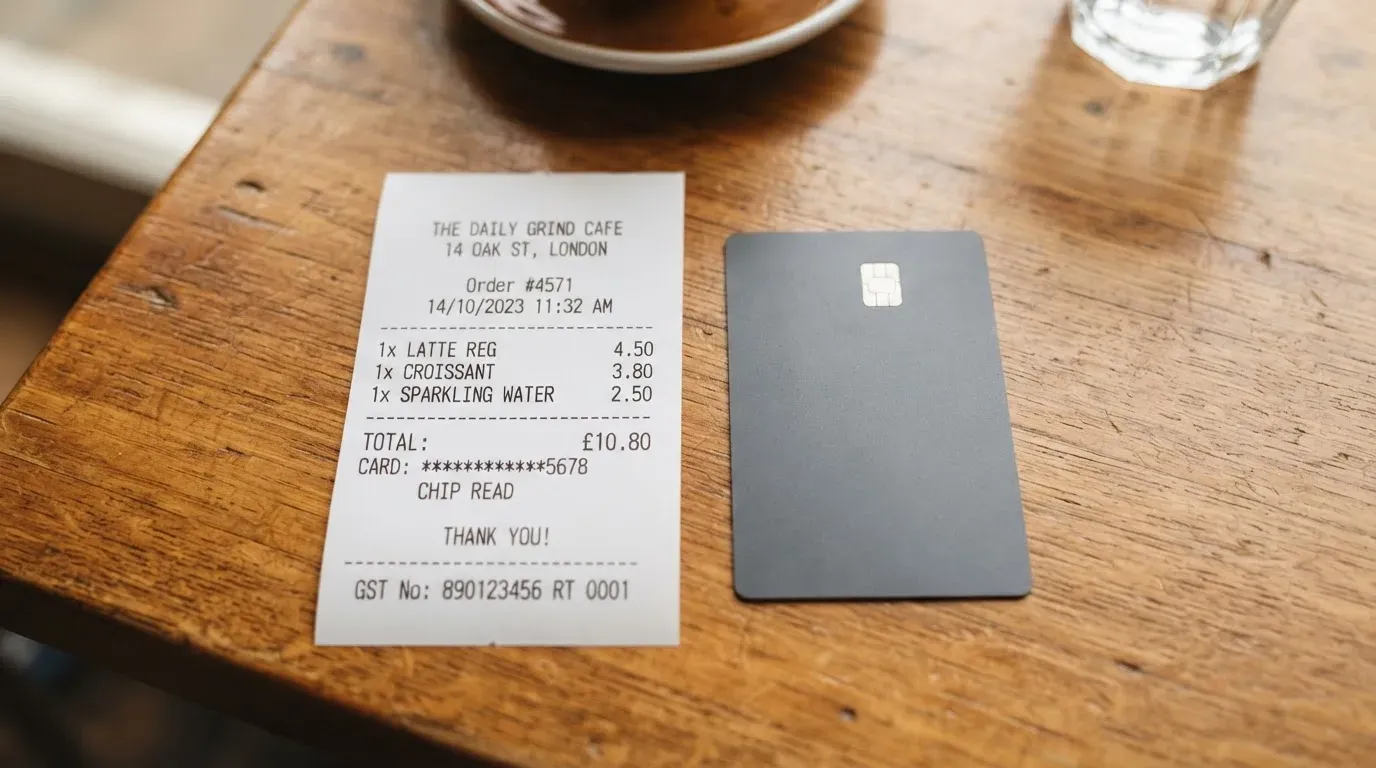 A receipt and a card on a café table