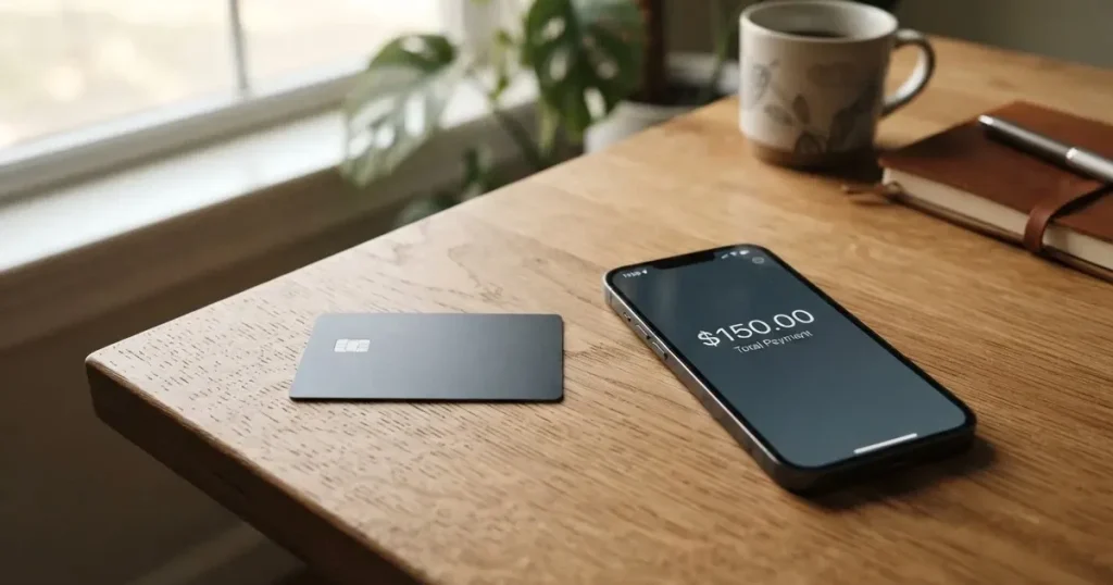 A payment card next to a phone with a crypto wallet app open