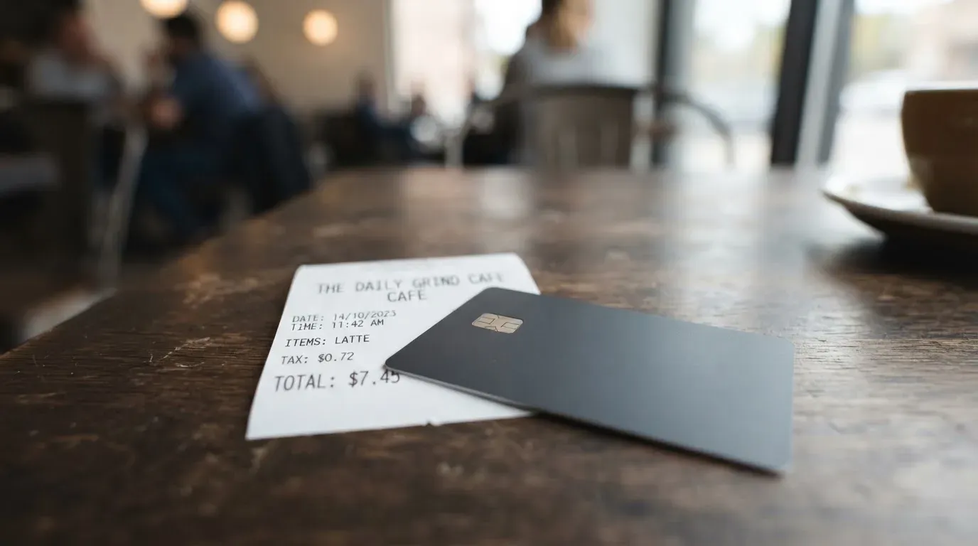 A receipt and a card on a café table