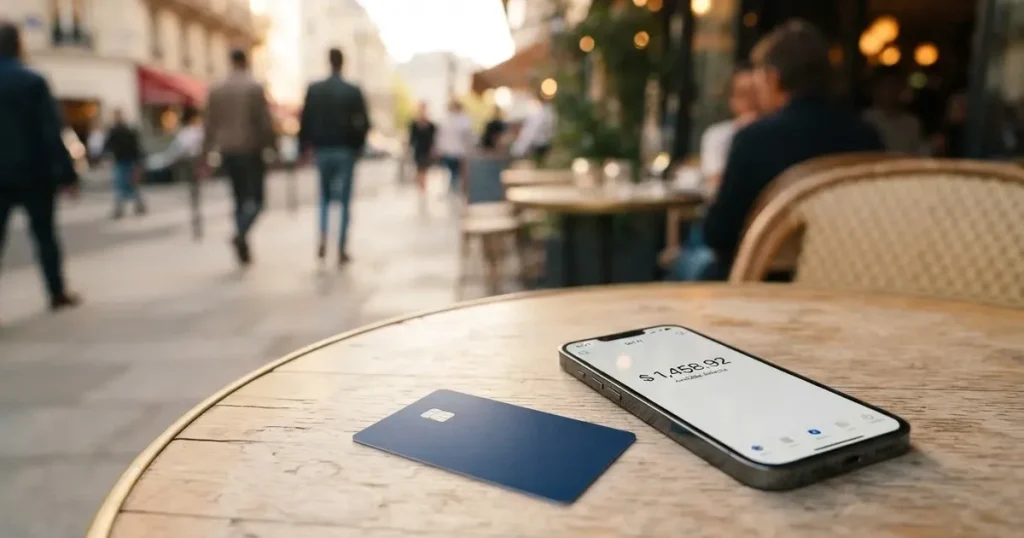 A payment card next to a phone with a crypto wallet app open