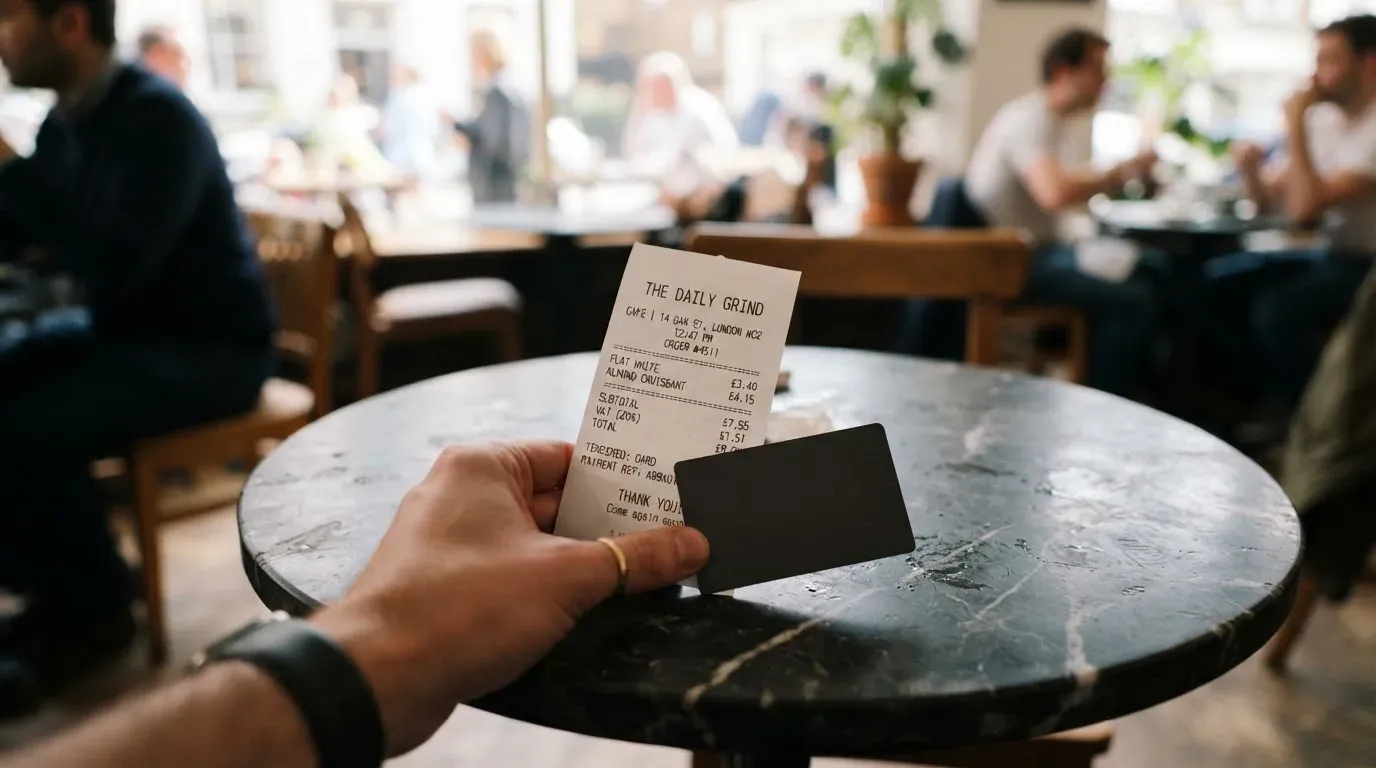 A receipt and a card on a café table