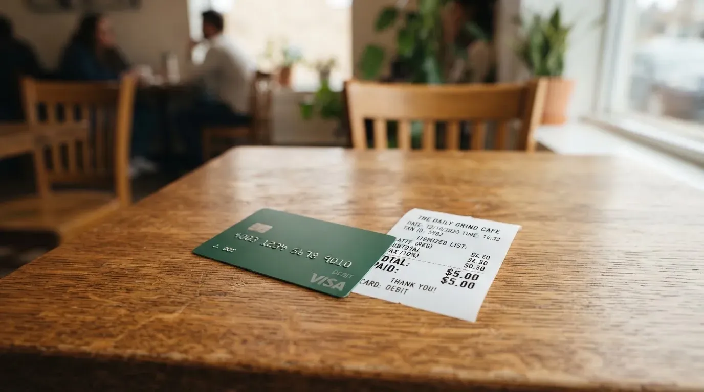 A receipt and a card on a café table