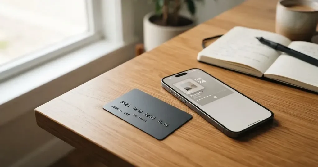 A payment card next to a phone with a crypto wallet app open