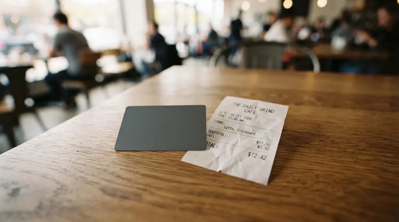 A receipt and a card on a café table