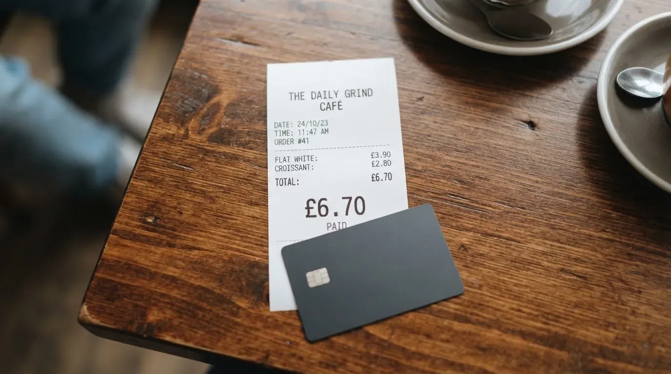 A receipt and a card on a café table