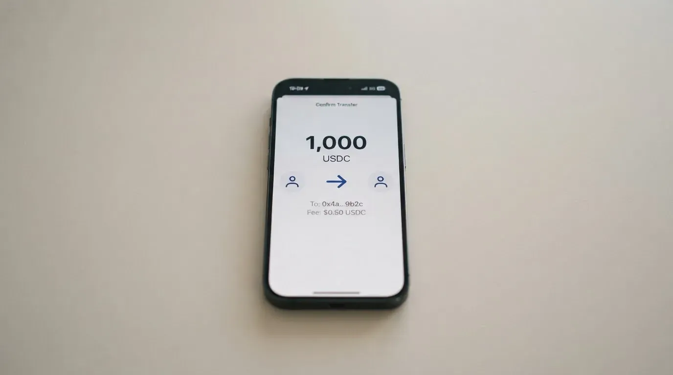 A phone showing a stablecoin transfer screen