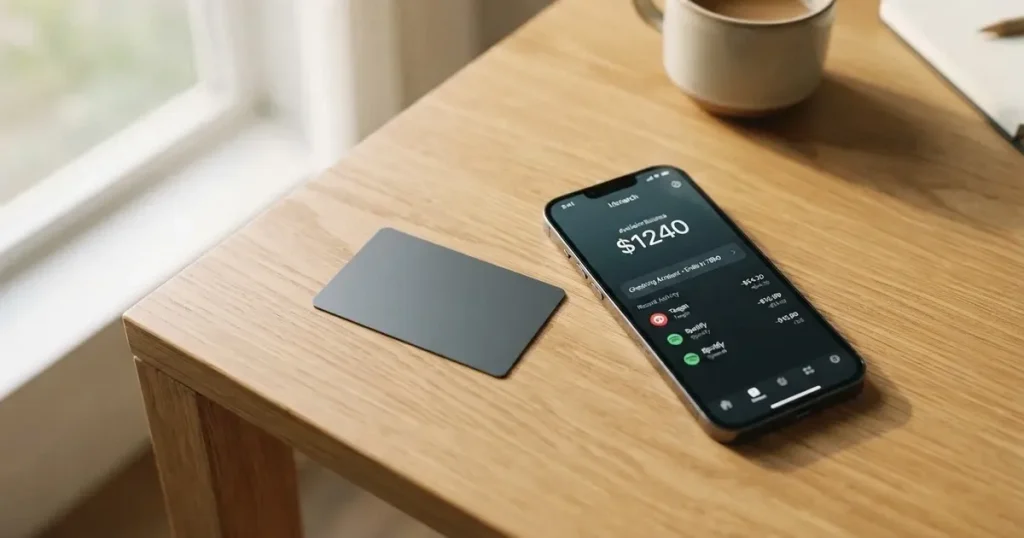 A payment card next to a phone with a crypto wallet app open