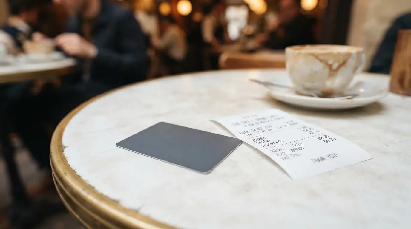 A receipt and a card on a café table