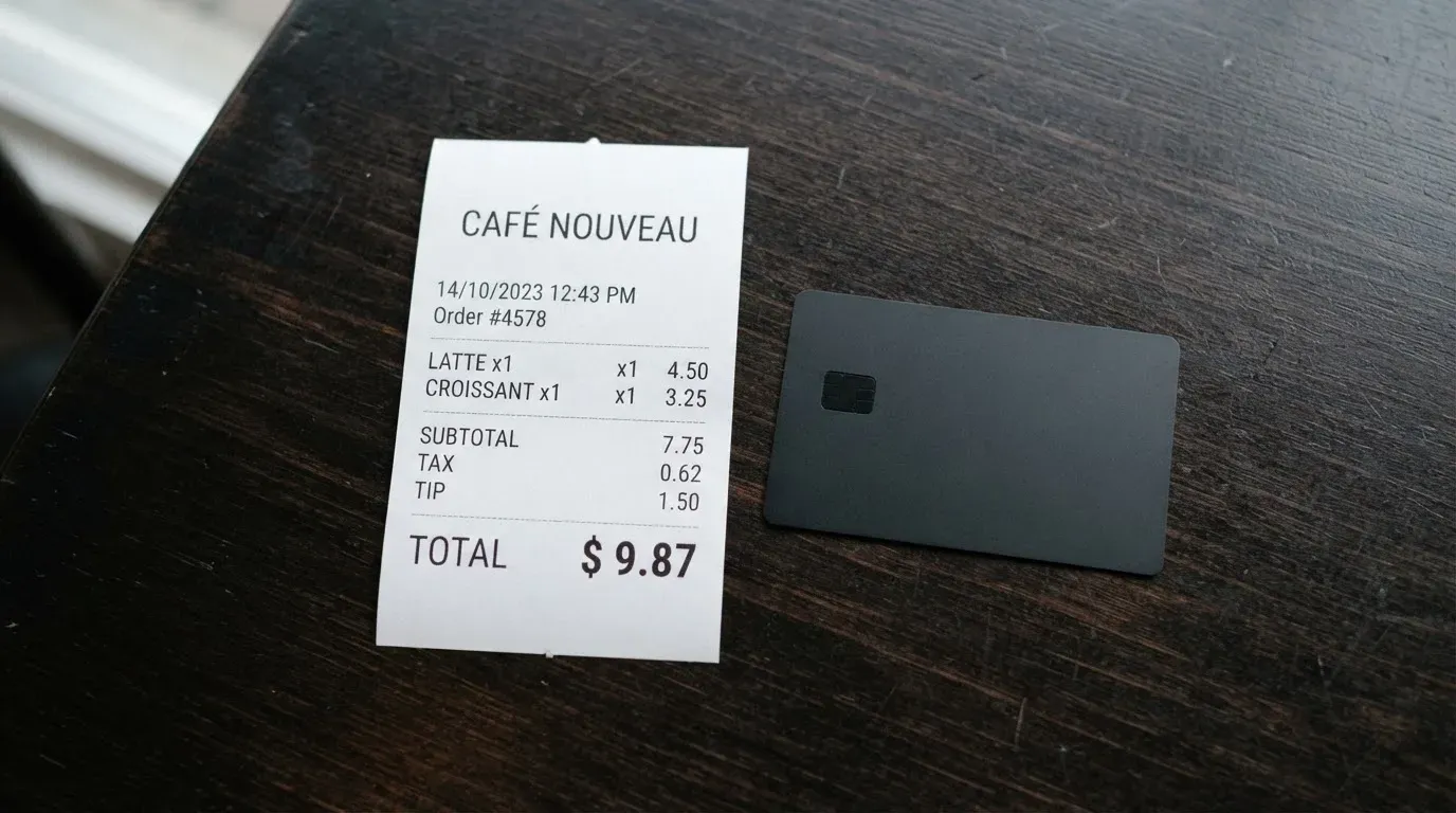 A receipt and a card on a café table
