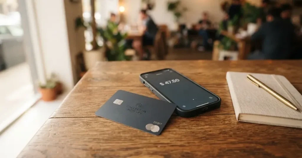 A payment card next to a phone with a crypto wallet app open