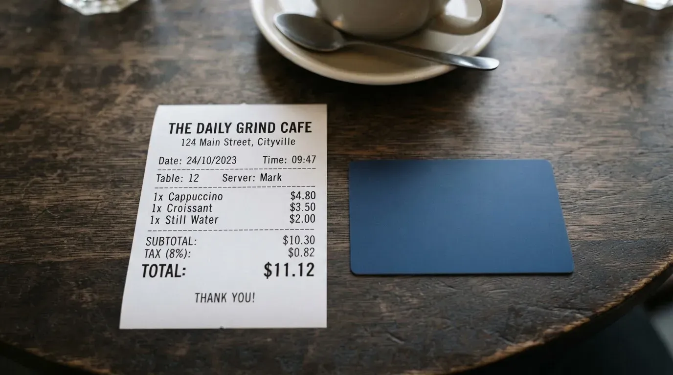 A receipt and a card on a café table