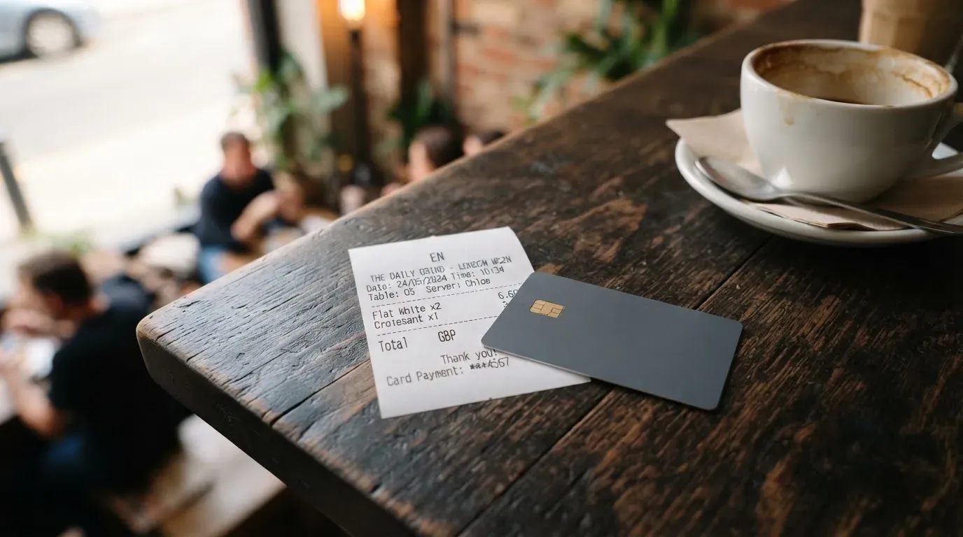 A receipt and a card on a café table