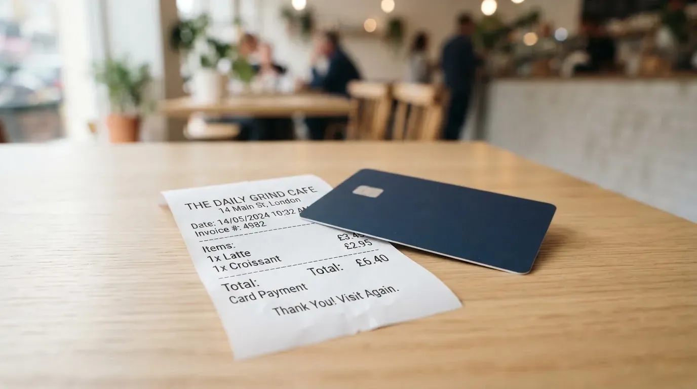 A receipt and a card on a café table
