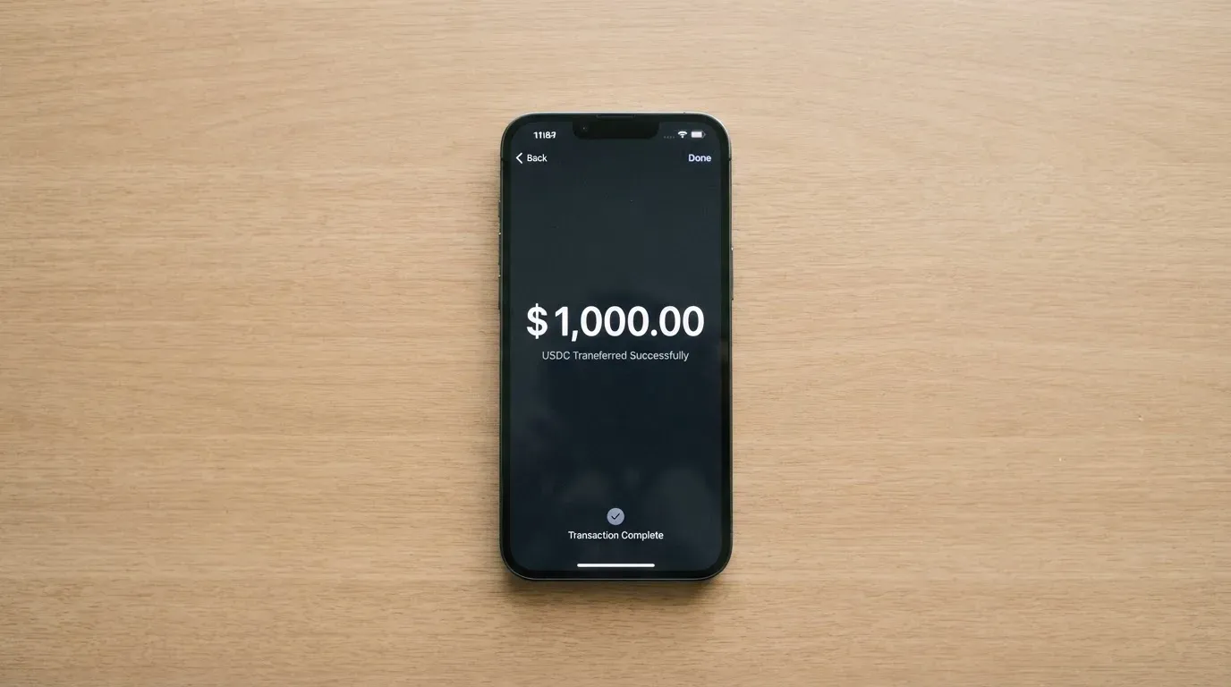 A phone showing a stablecoin transfer screen