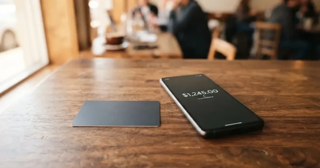 A payment card next to a phone with a crypto wallet app open