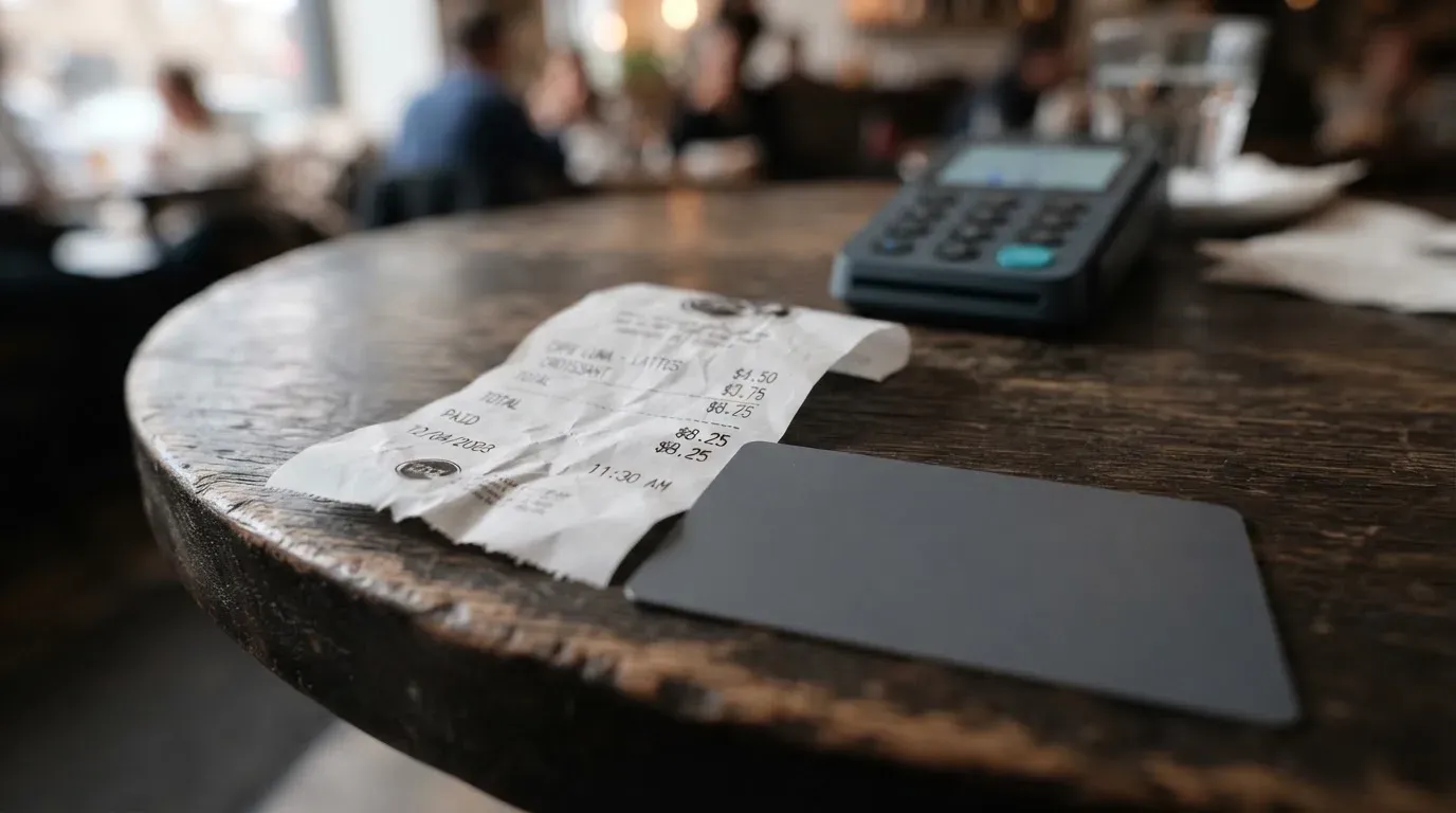 A receipt and a card on a café table