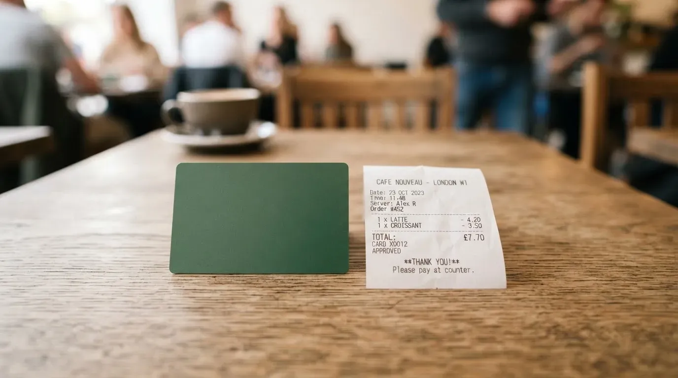 A receipt and a card on a café table