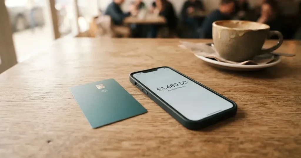 A payment card next to a phone with a crypto wallet app open