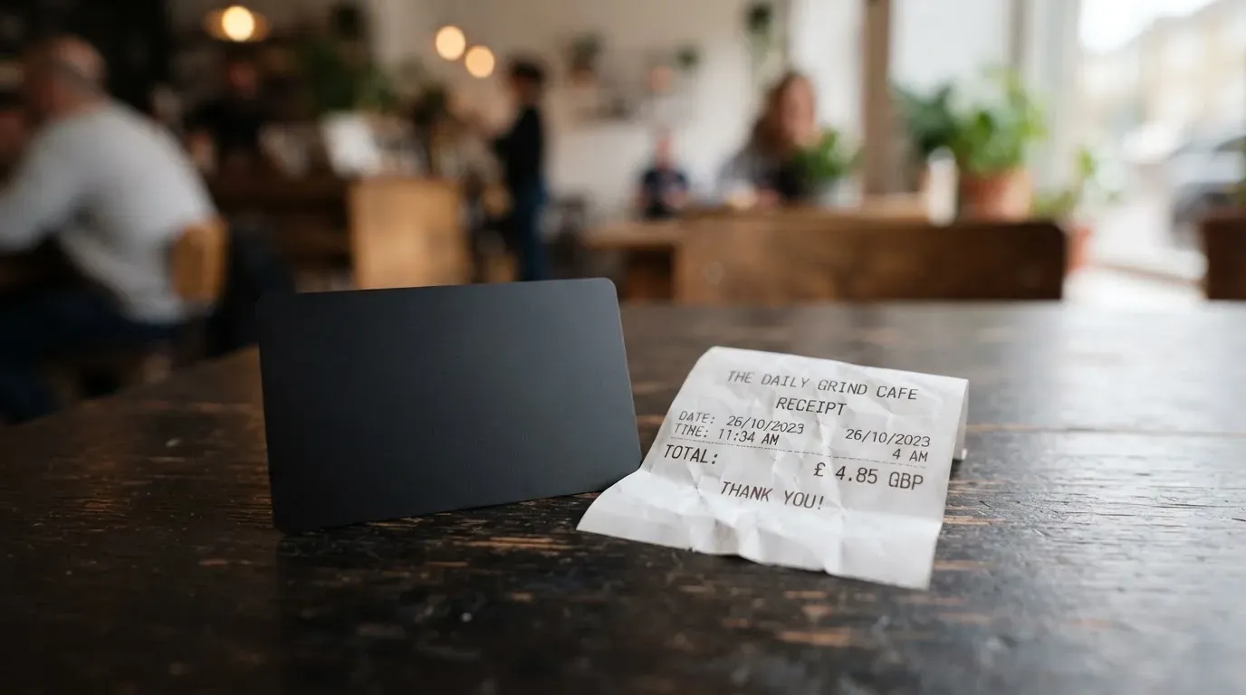A receipt and a card on a café table