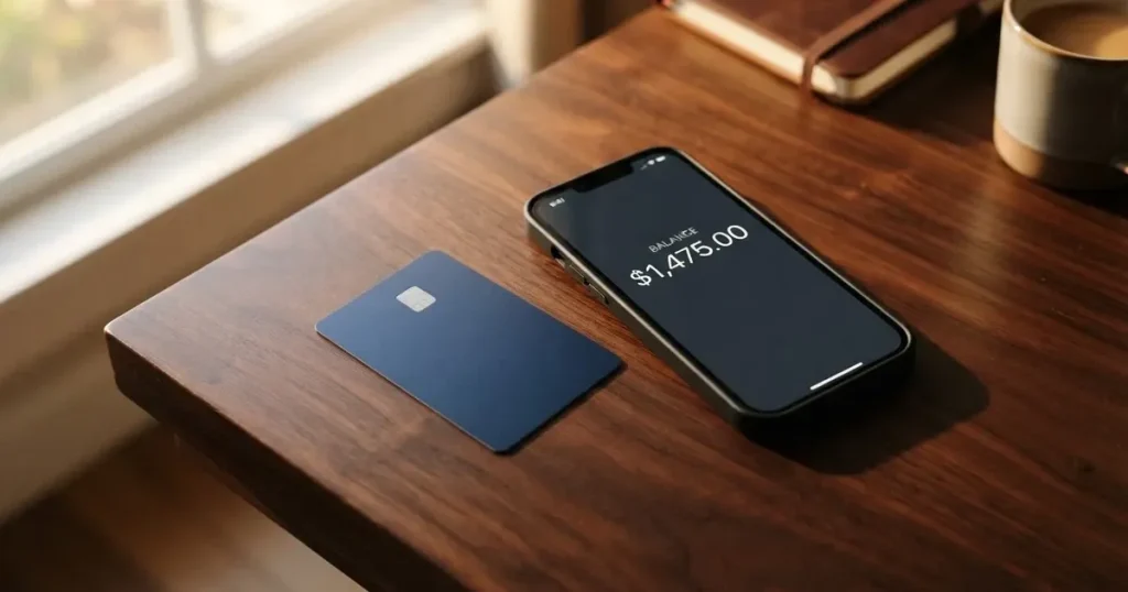 A payment card next to a phone with a crypto wallet app open