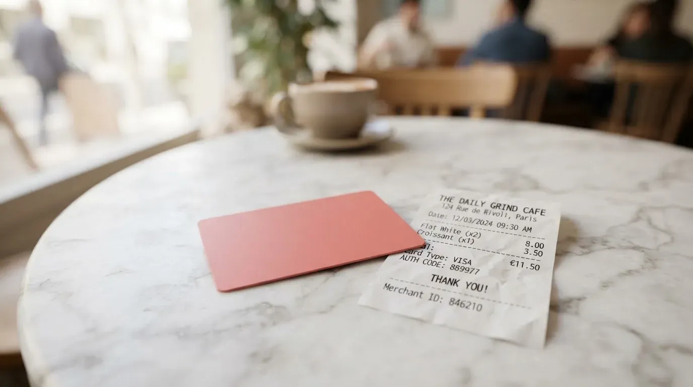A receipt and a card on a café table