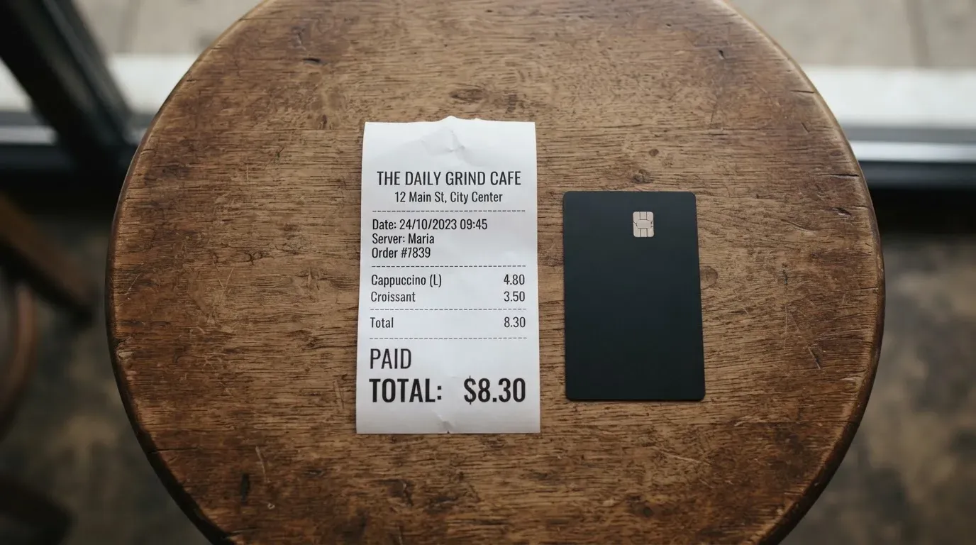 A receipt and a card on a café table