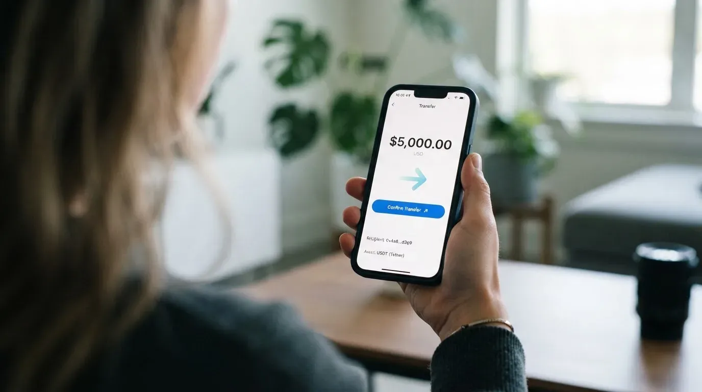 A phone showing a stablecoin transfer screen