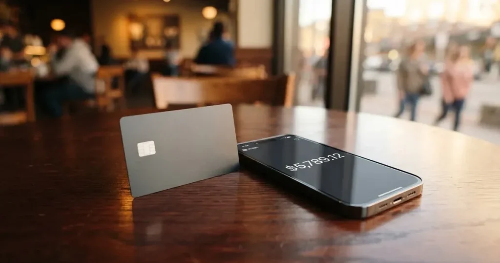 A payment card next to a phone with a crypto wallet app open