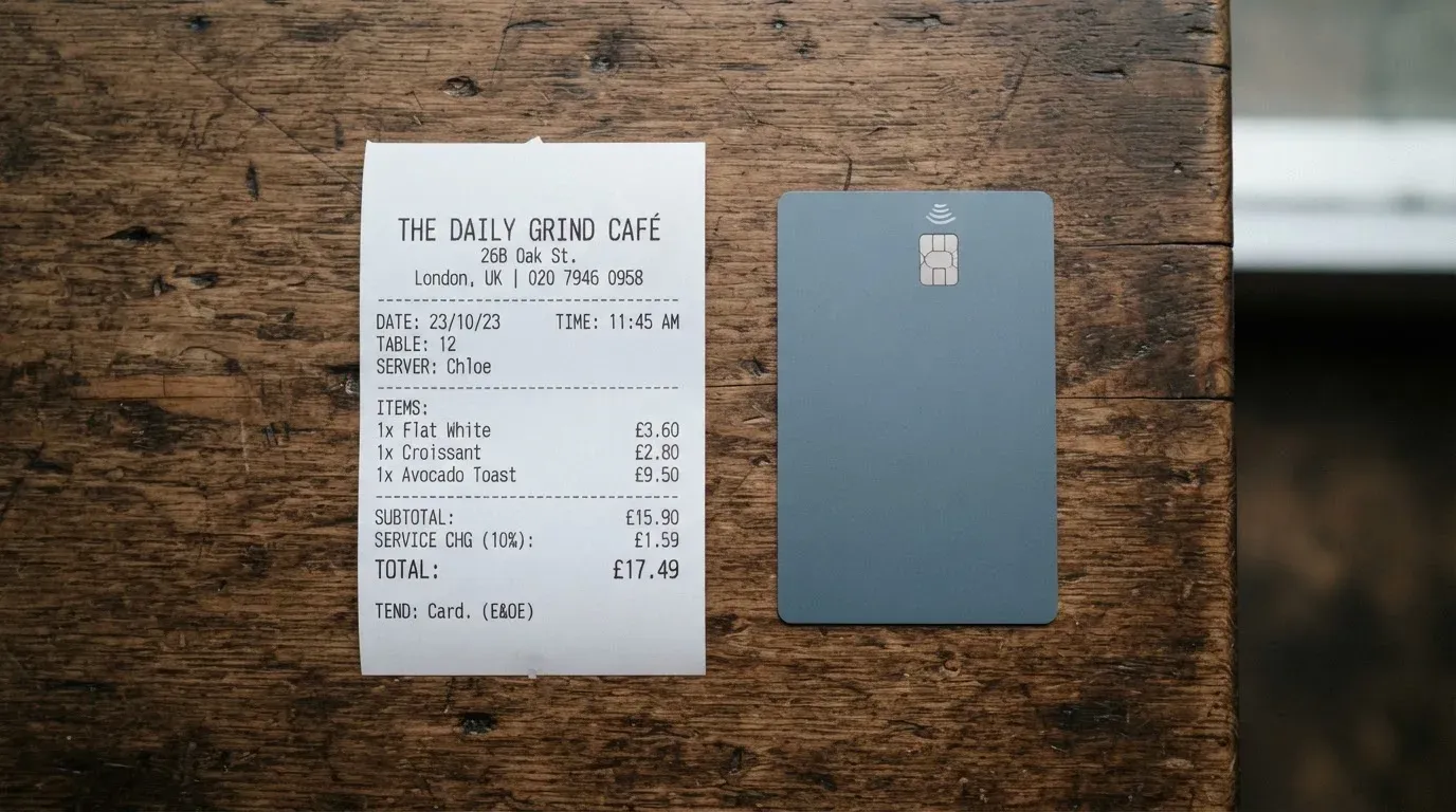 A receipt and a card on a café table