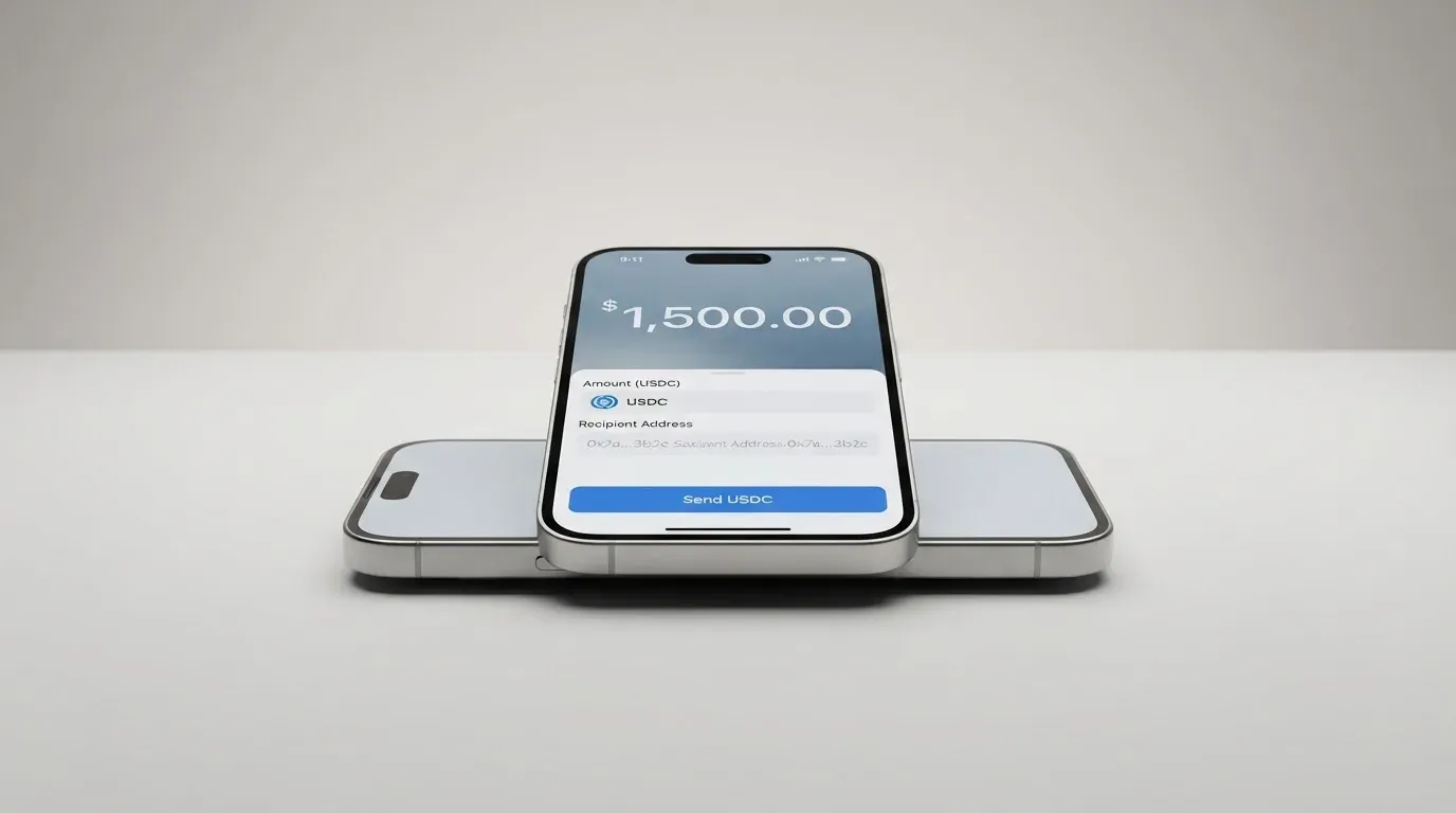 A phone showing a stablecoin transfer screen