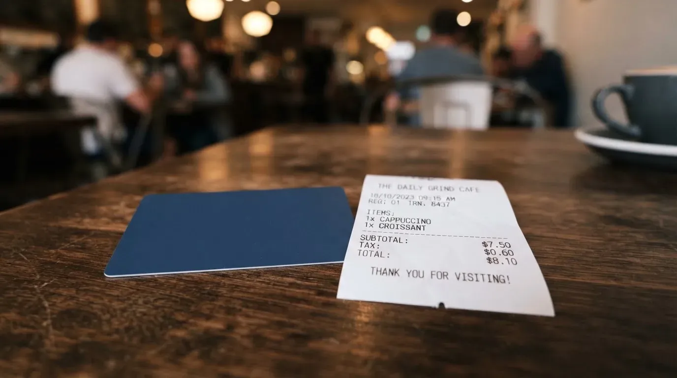 A receipt and a card on a café table