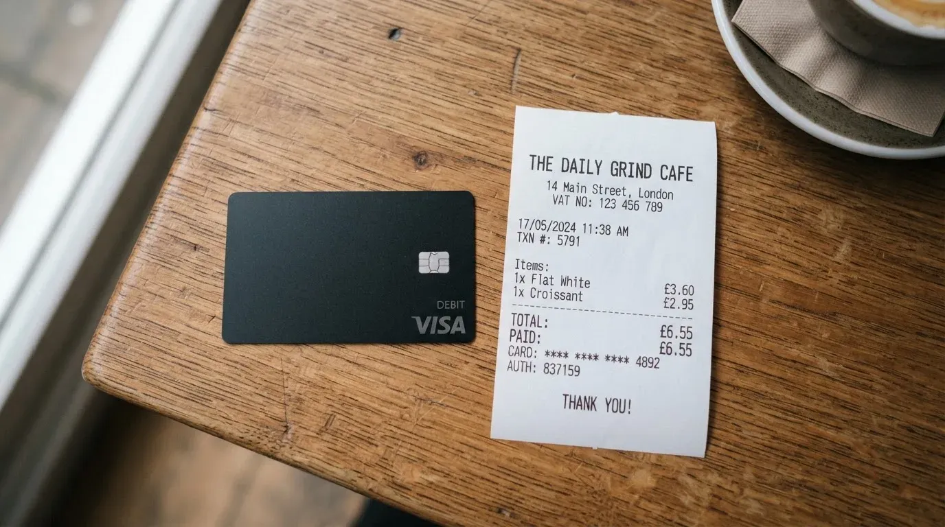 A receipt and a card on a café table