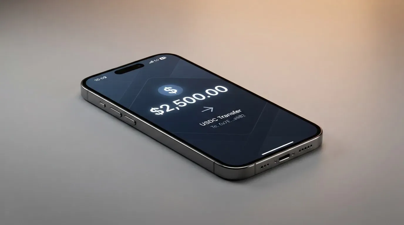 A phone showing a stablecoin transfer screen