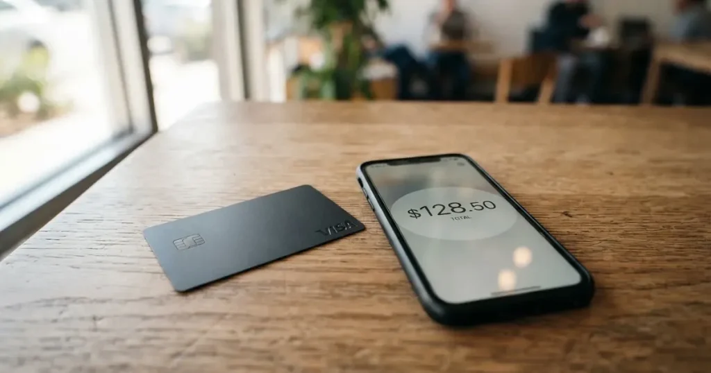 A payment card next to a phone with a crypto wallet app open