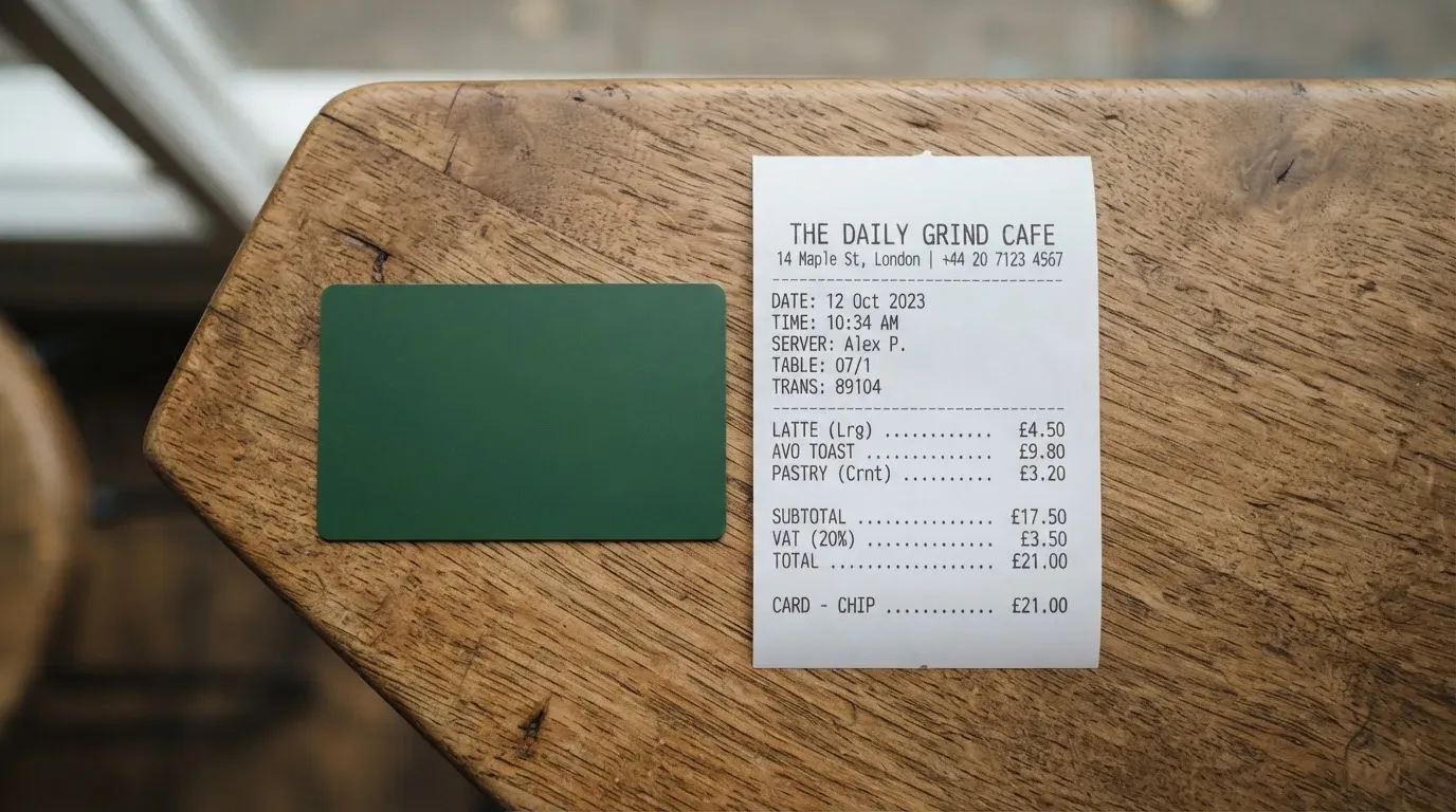 A receipt and a card on a café table