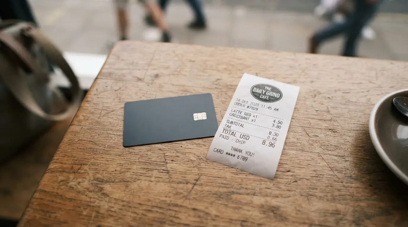 A receipt and a card on a café table