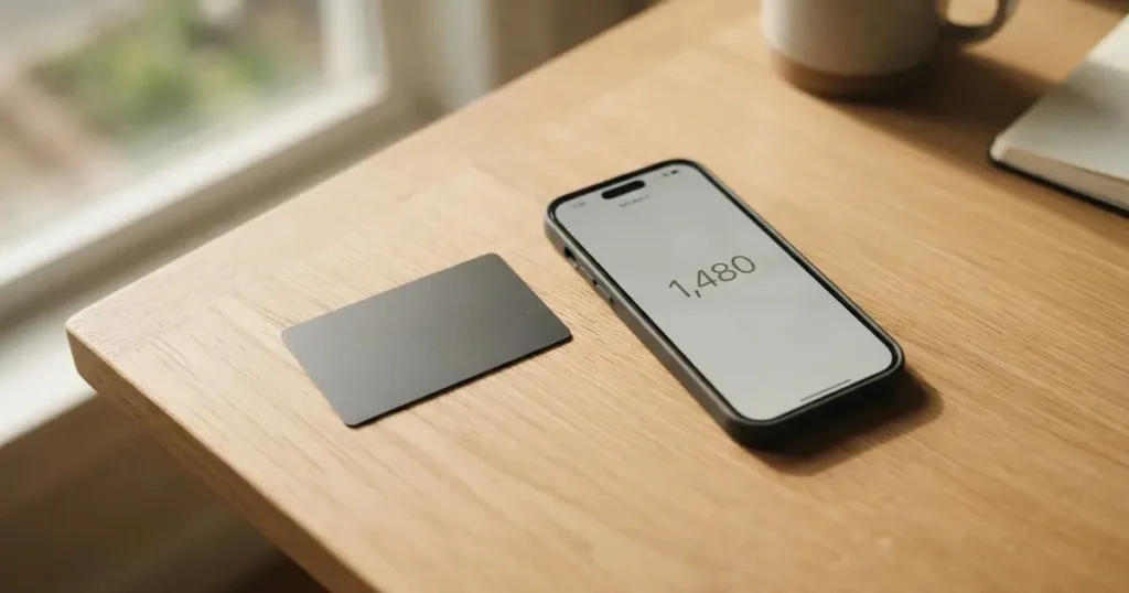 A payment card next to a phone with a crypto wallet app open