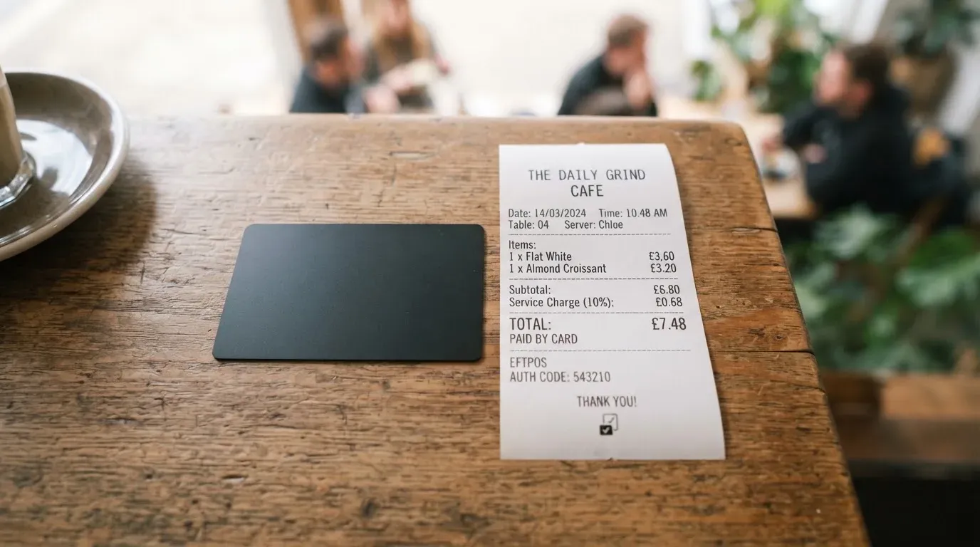 A receipt and a card on a café table