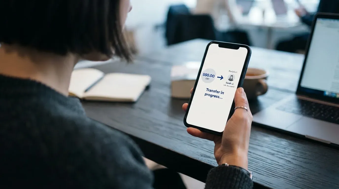 A phone showing a stablecoin transfer screen