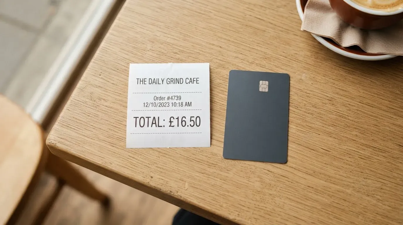A receipt and a card on a café table