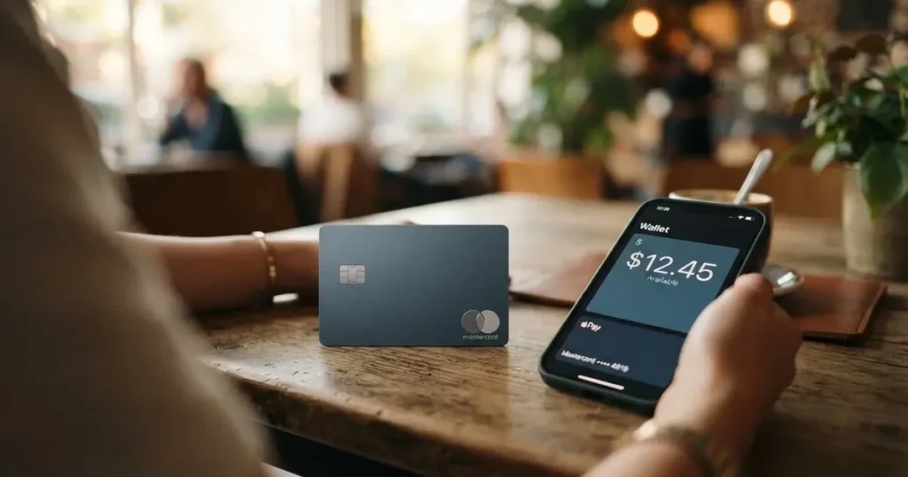 A payment card next to a phone with a crypto wallet app open
